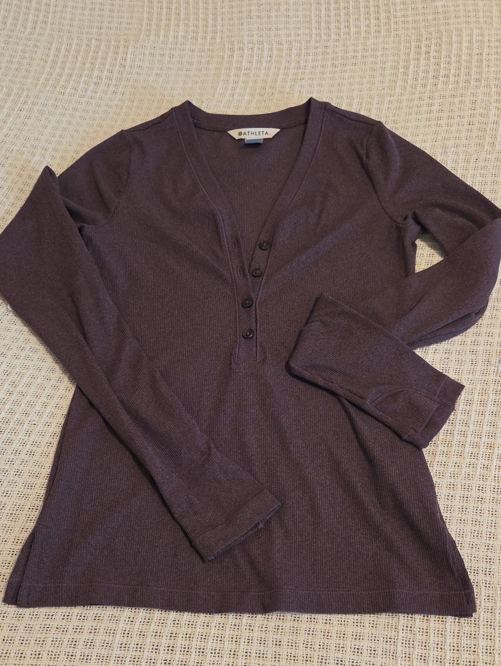 Athleta Deep Plum Ribbed Henley Long-Sleeve Top